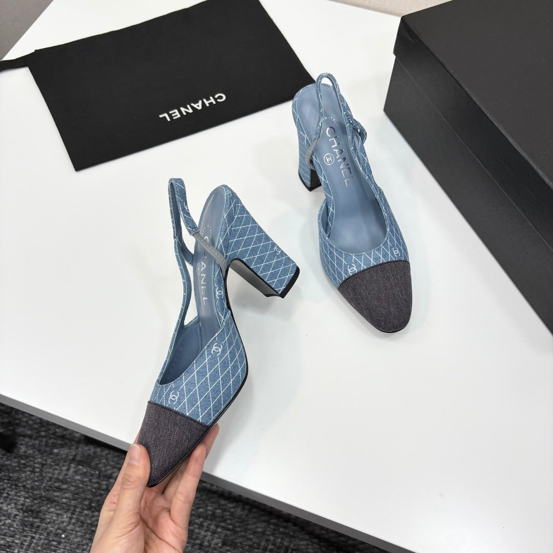 CC SLINGBACK 25S 90 MM IN BLUE DENIM WITH PLAID PATTERN - 34