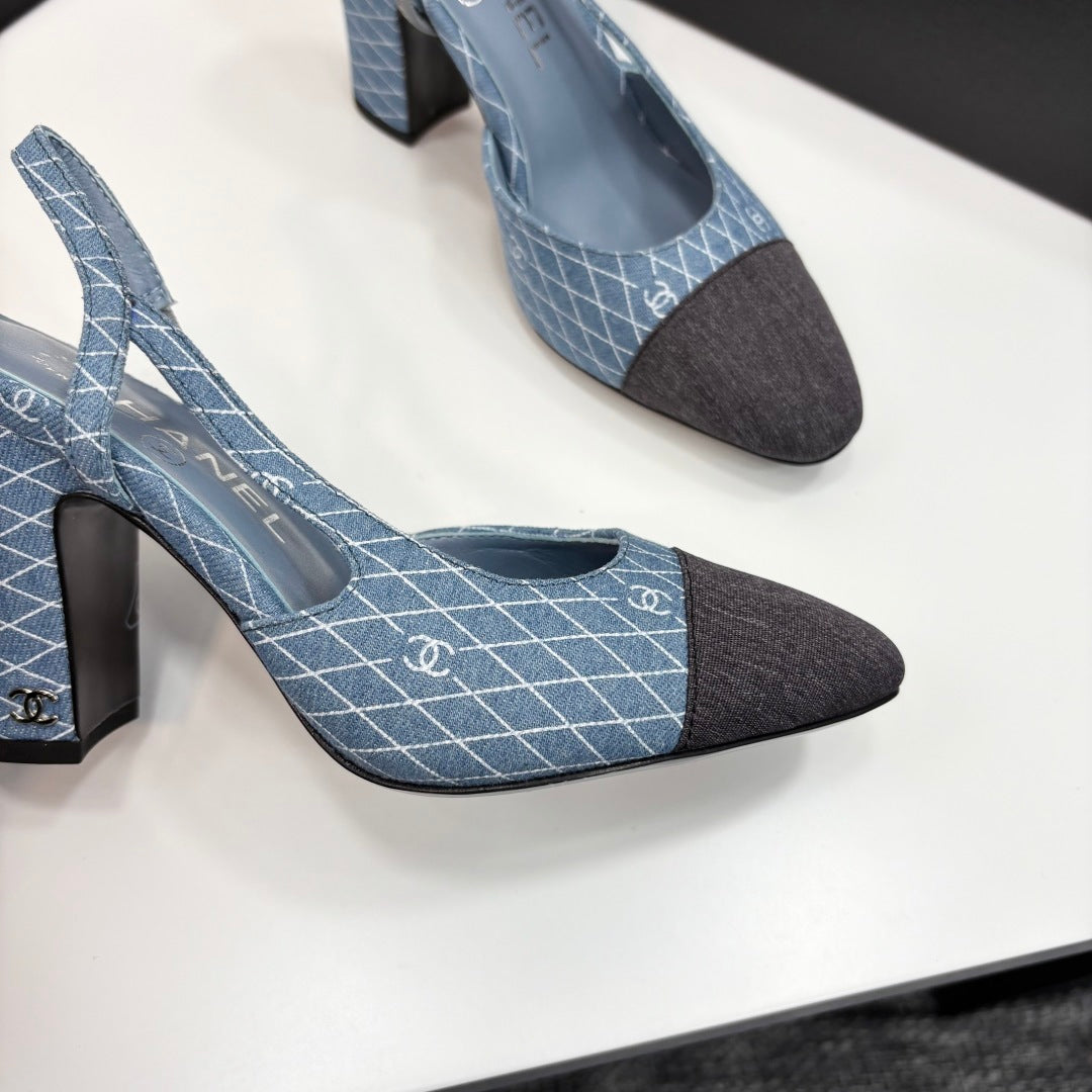 CC SLINGBACK 25S 90 MM IN BLUE DENIM WITH PLAID PATTERN - 34