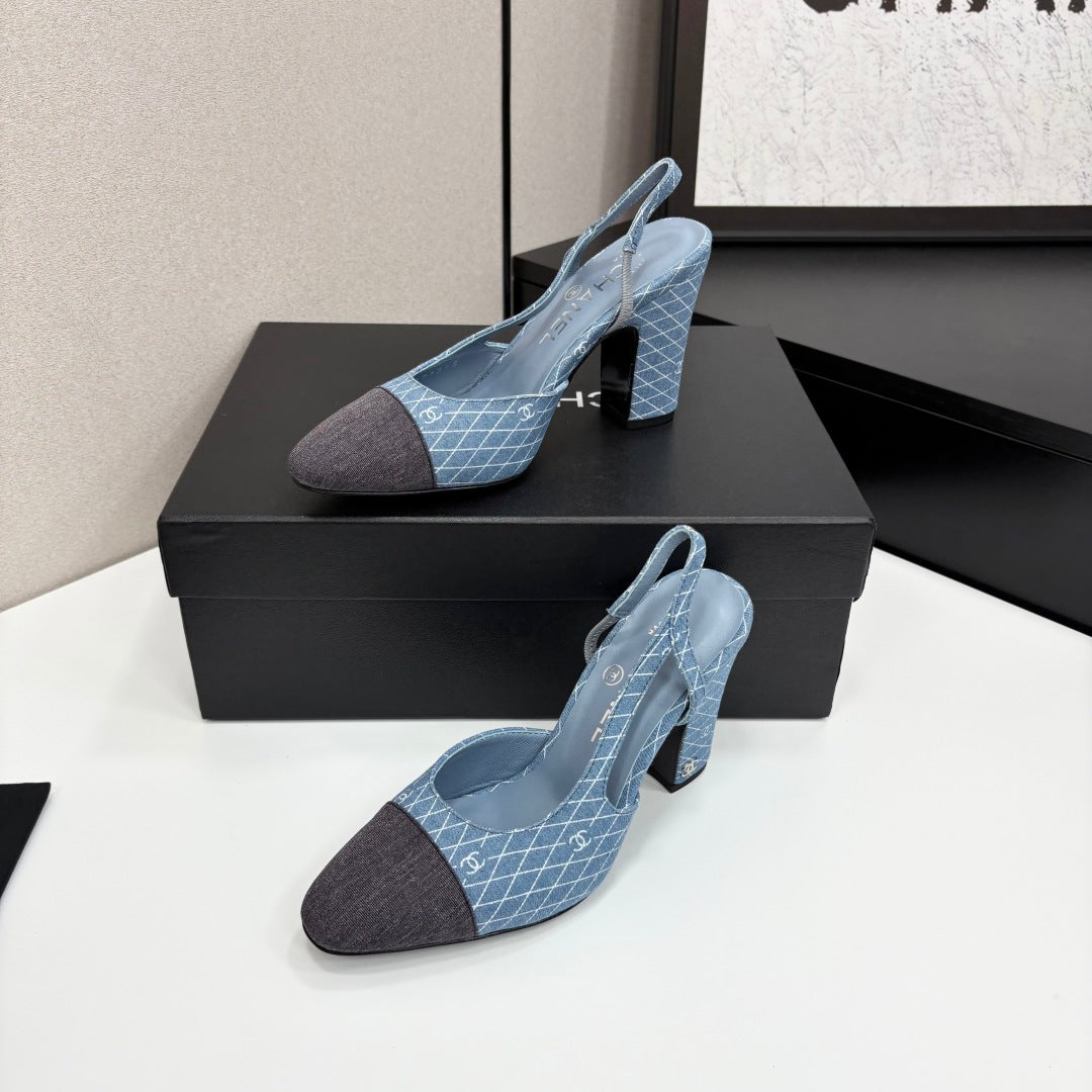 CC SLINGBACK 25S 90 MM IN BLUE DENIM WITH PLAID PATTERN - 34