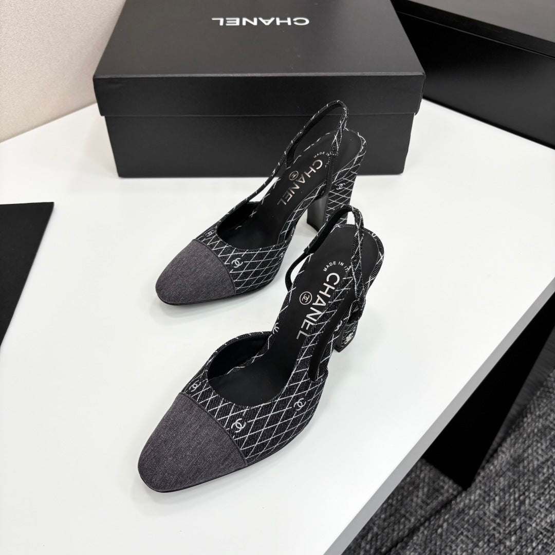 CC SLINGBACK 25S 90 MM IN BLACK DENIM WITH PLAID PATTERN - 34