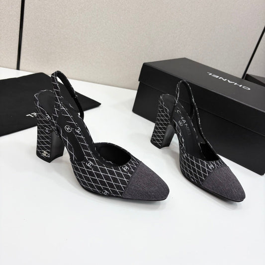 CC SLINGBACK 25S 90 MM IN BLACK DENIM WITH PLAID PATTERN - 34