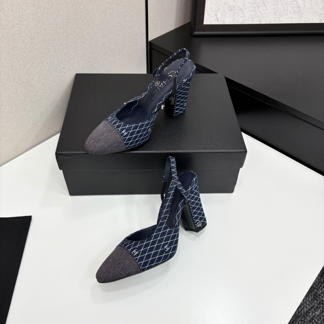 CC SLINGBACK 25S 90 MM IN NAVY BLUE DENIM WITH PLAID PATTERN - 34