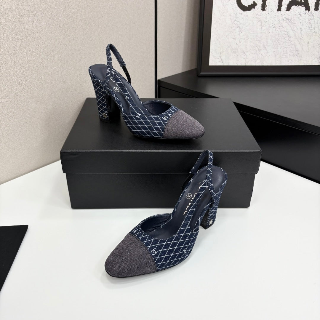 CC SLINGBACK 25S 90 MM IN NAVY BLUE DENIM WITH PLAID PATTERN - 34