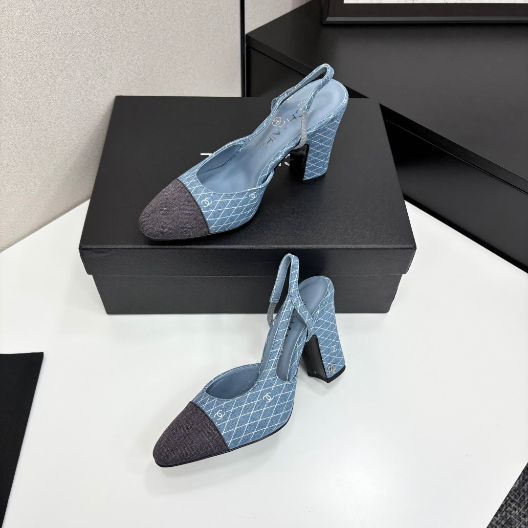 CC SLINGBACK 25S 90 MM IN BLUE DENIM WITH PLAID PATTERN - 34