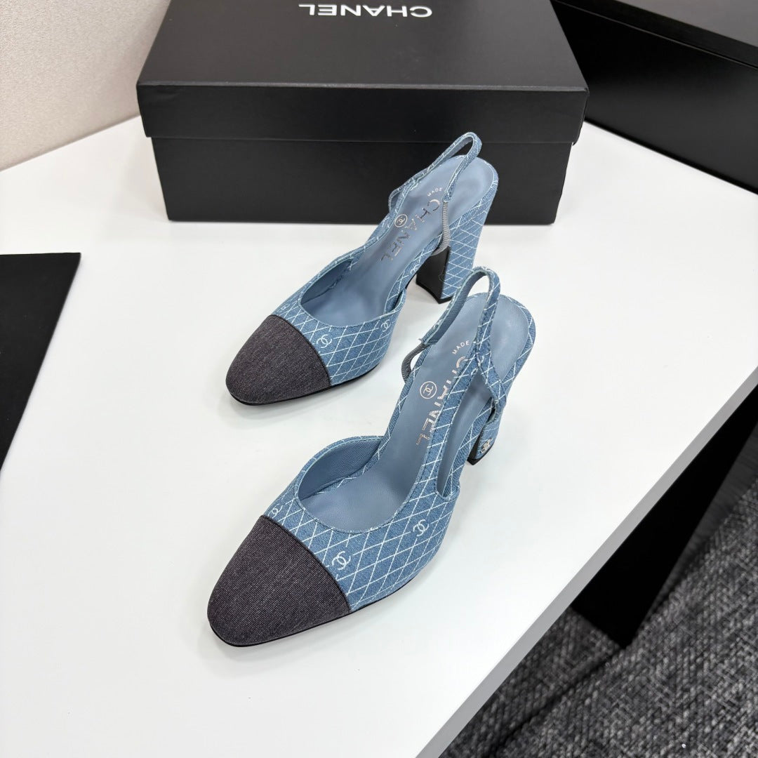 CC SLINGBACK 25S 90 MM IN BLUE DENIM WITH PLAID PATTERN - 34