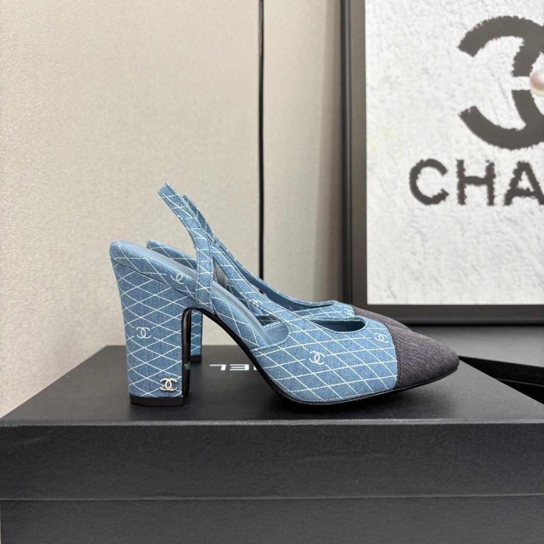 CC SLINGBACK 25S 90 MM IN BLUE DENIM WITH PLAID PATTERN - 34
