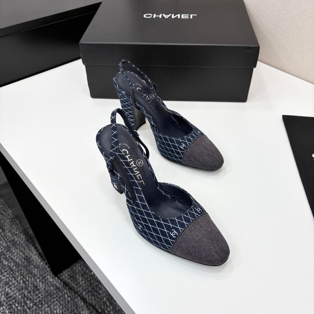 CC SLINGBACK 25S 90 MM IN NAVY BLUE DENIM WITH PLAID PATTERN - 34