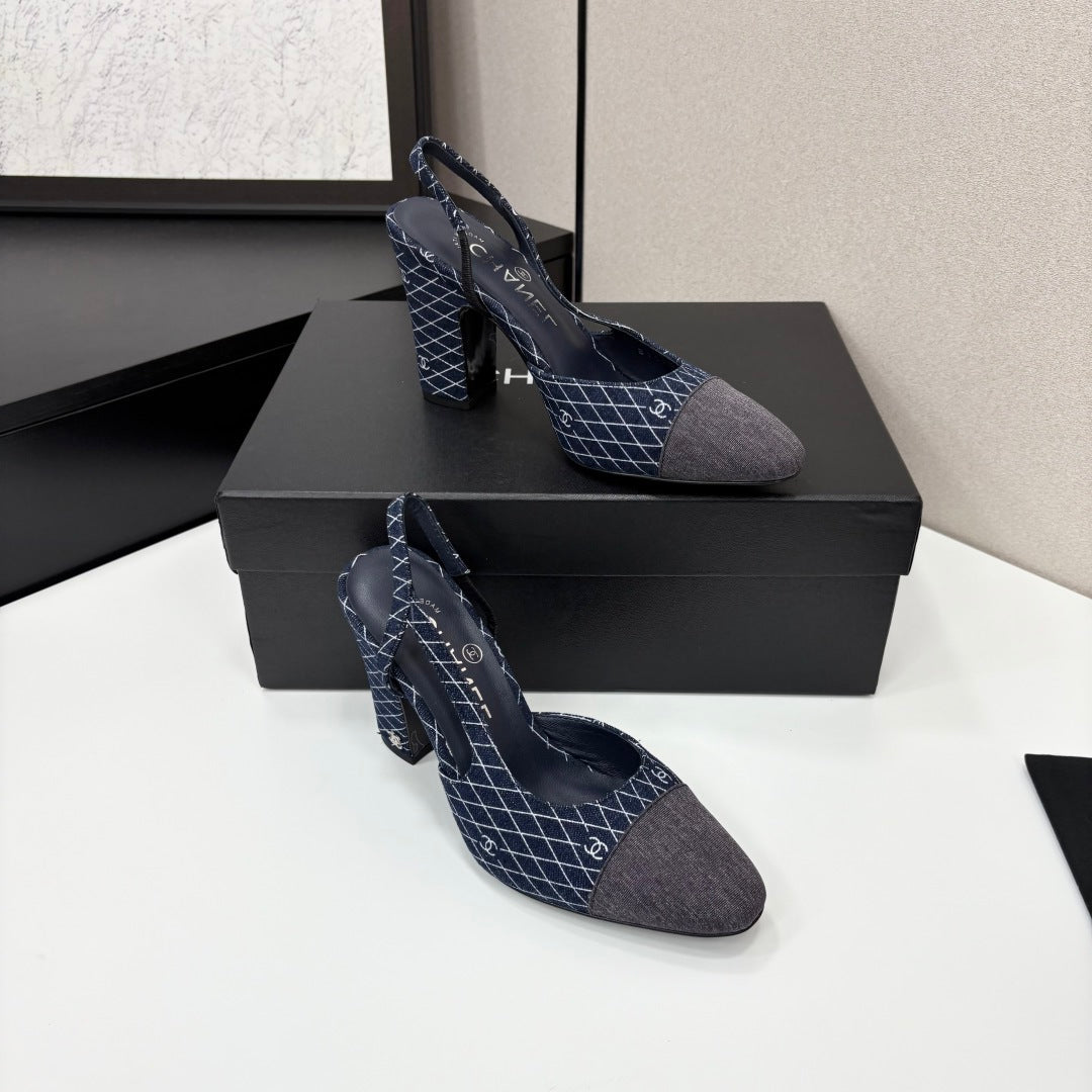 CC SLINGBACK 25S 90 MM IN NAVY BLUE DENIM WITH PLAID PATTERN - 34