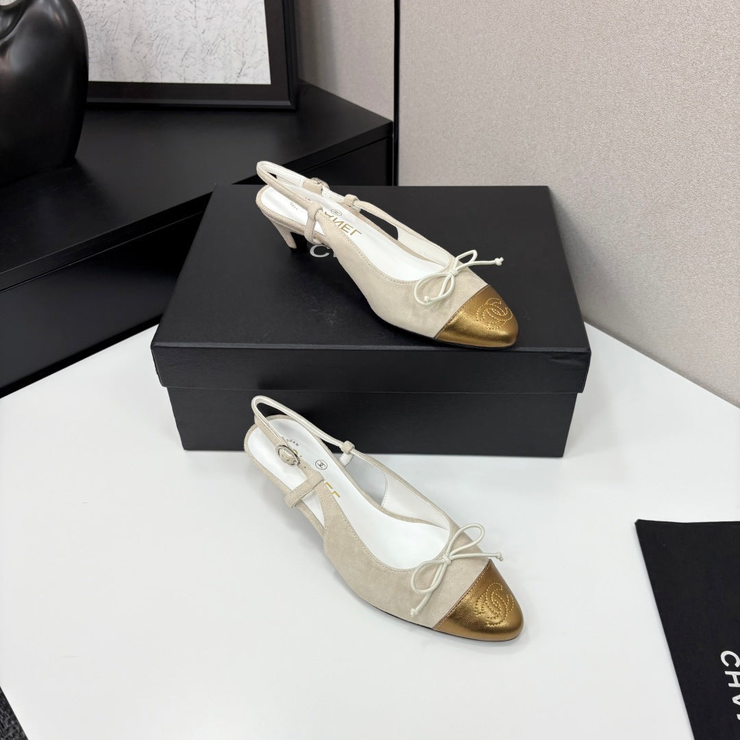 CC SLINGBACK 25S IN DUSTY BEIGE SUEDE AND GOLDEN BROWN LAMBSKIN WITH BOW - 35