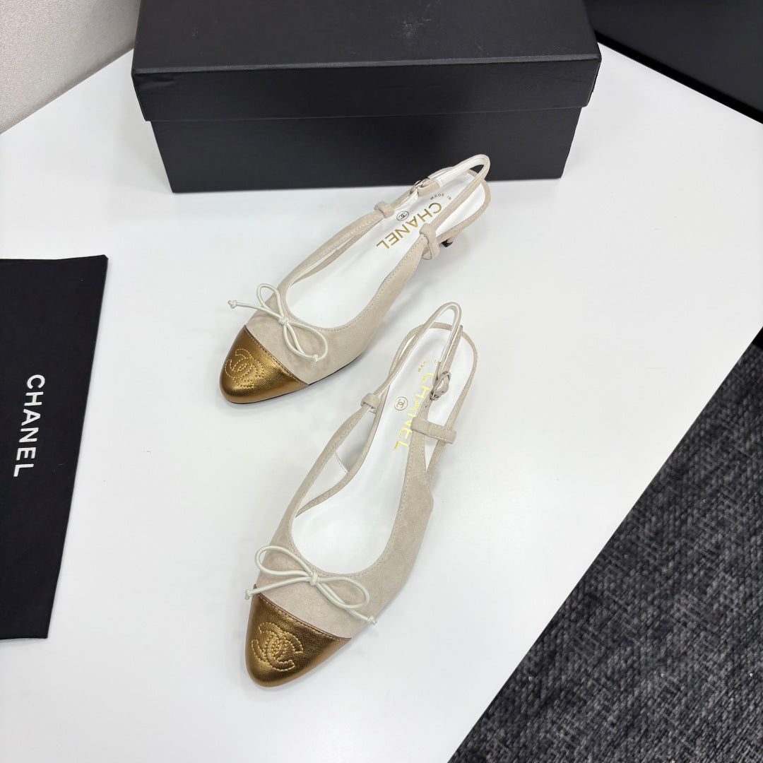CC SLINGBACK 25S IN DUSTY BEIGE SUEDE AND GOLDEN BROWN LAMBSKIN WITH BOW - 35