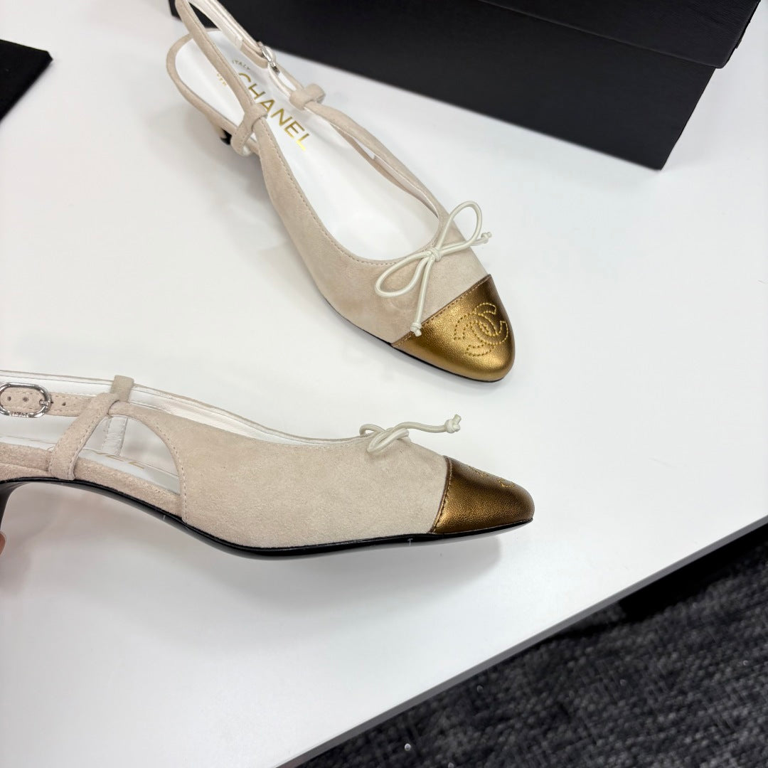 CC SLINGBACK 25S IN DUSTY BEIGE SUEDE AND GOLDEN BROWN LAMBSKIN WITH BOW - 35