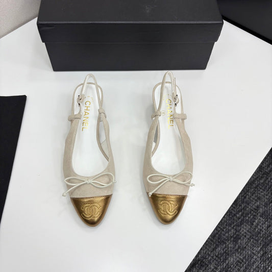 CC SLINGBACK 25S IN DUSTY BEIGE SUEDE AND GOLDEN BROWN LAMBSKIN WITH BOW - 35
