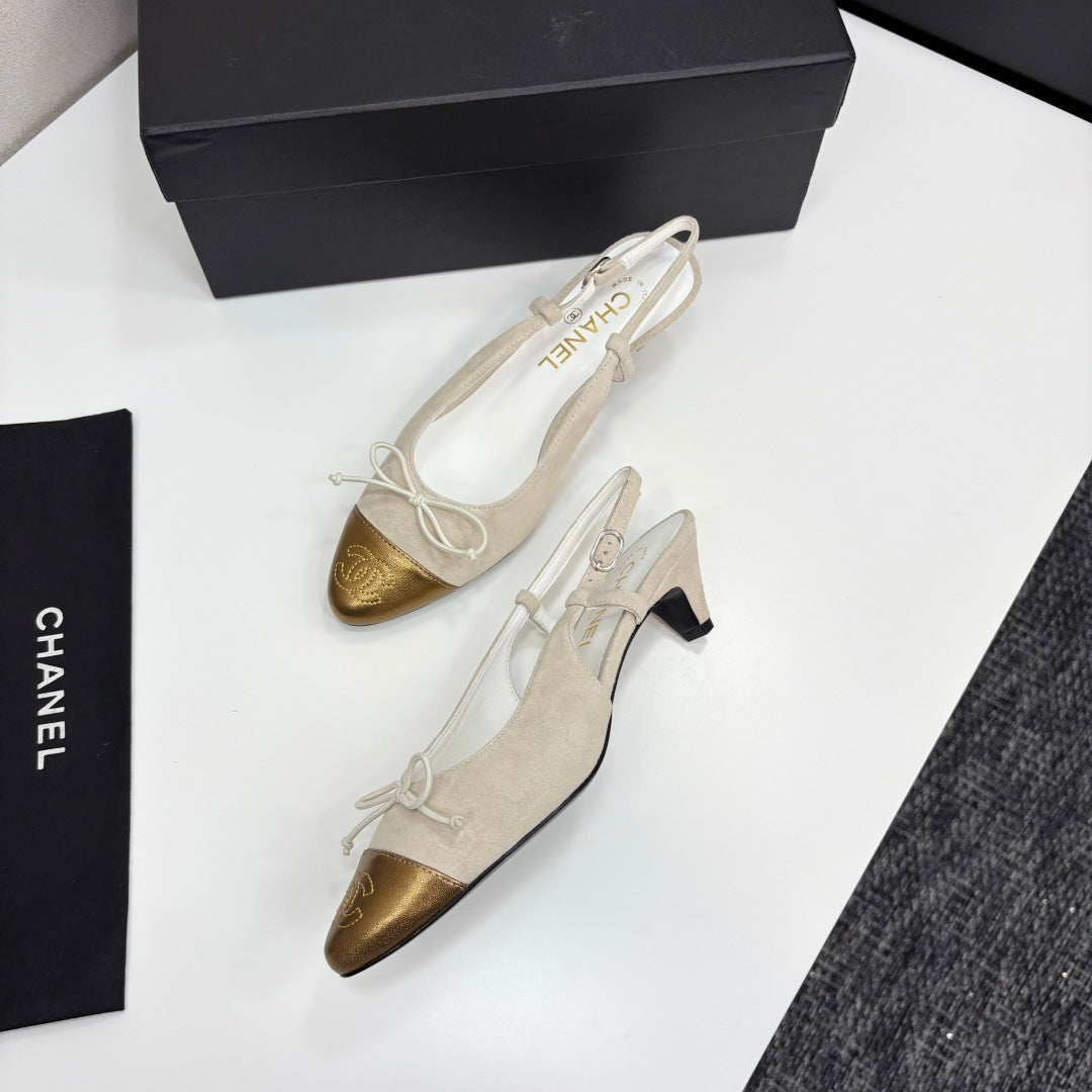 CC SLINGBACK 25S IN DUSTY BEIGE SUEDE AND GOLDEN BROWN LAMBSKIN WITH BOW - 35