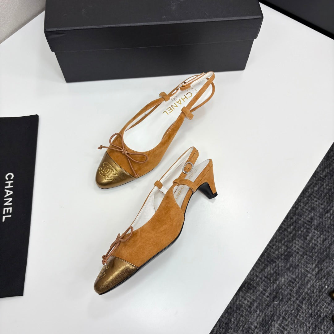 CC SLINGBACK 25S IN BURNT ORANGE SUEDE AND GOLDEN BROWN LAMBSKIN WITH BOW - 35