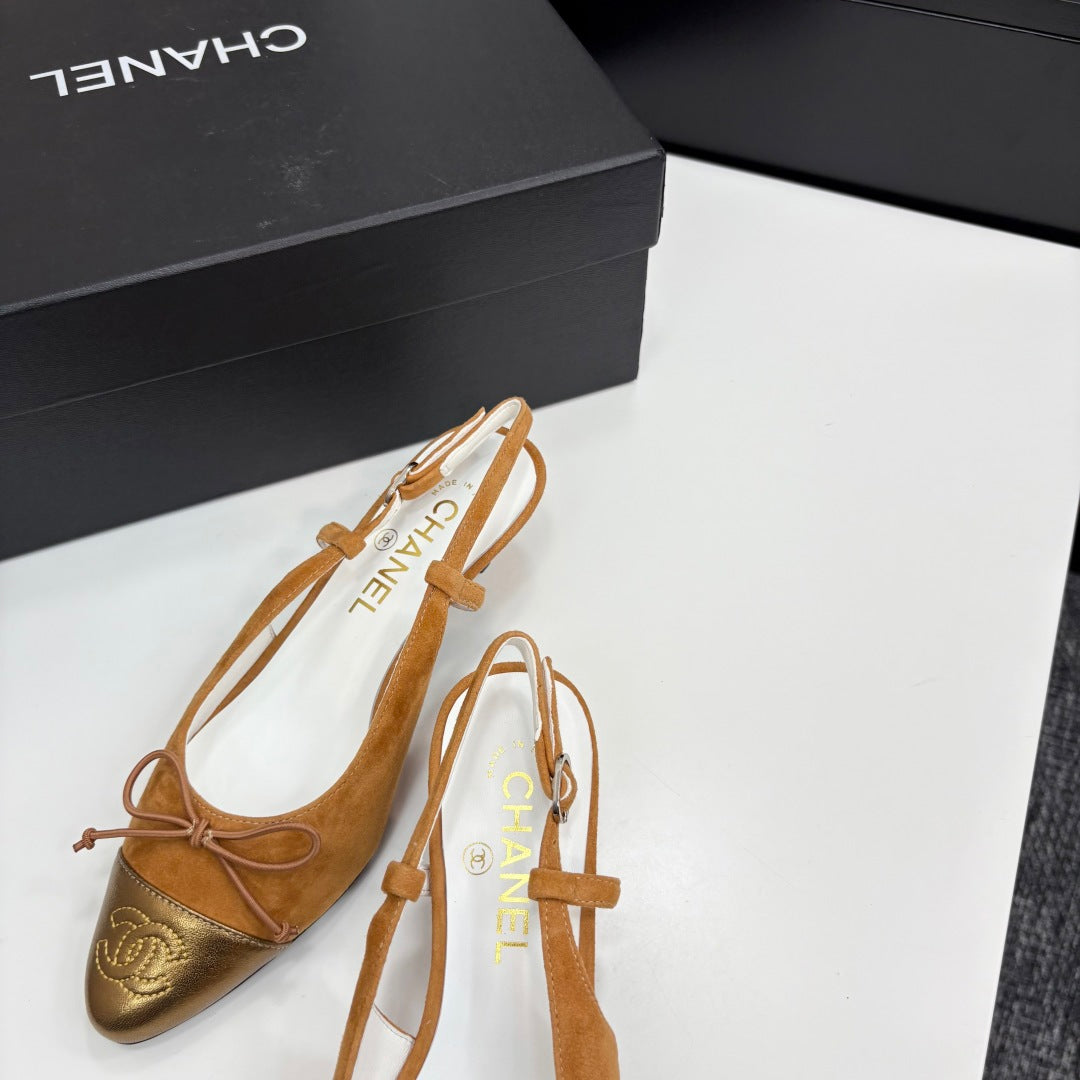 CC SLINGBACK 25S IN BURNT ORANGE SUEDE AND GOLDEN BROWN LAMBSKIN WITH BOW - 35