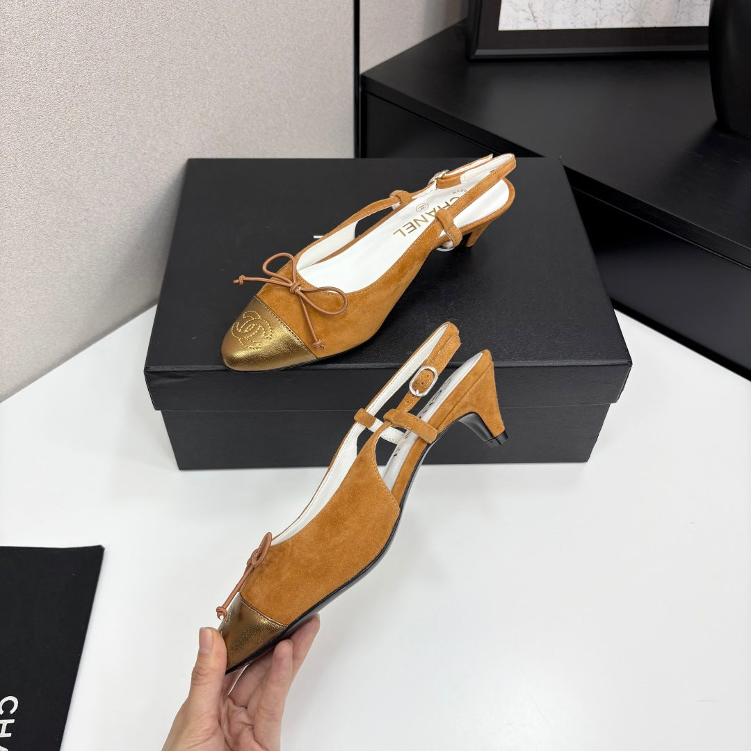 CC SLINGBACK 25S IN BURNT ORANGE SUEDE AND GOLDEN BROWN LAMBSKIN WITH BOW - 35
