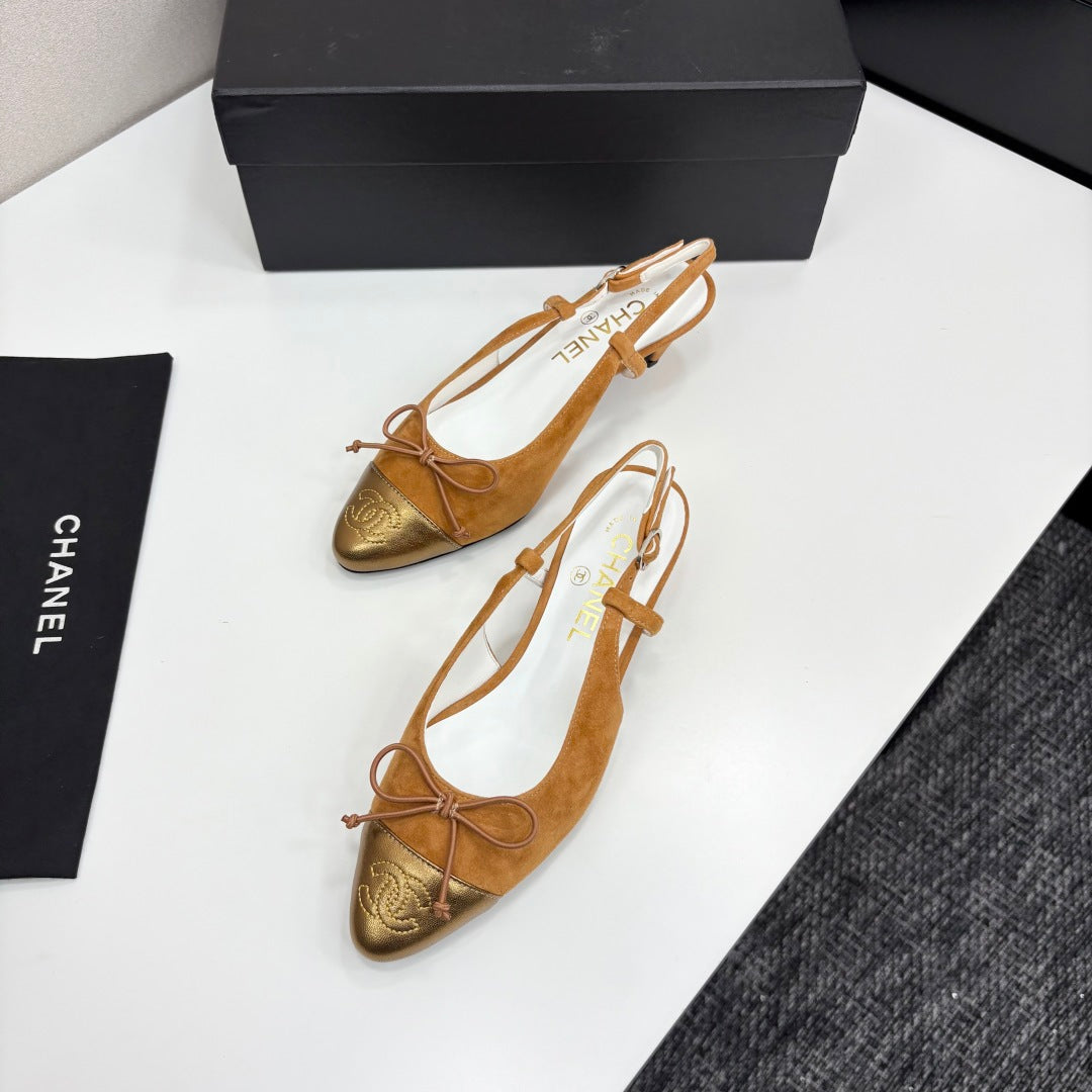 CC SLINGBACK 25S IN BURNT ORANGE SUEDE AND GOLDEN BROWN LAMBSKIN WITH BOW - 35