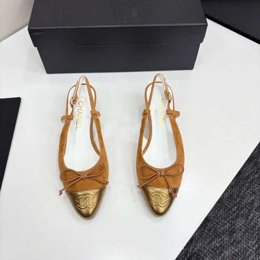 CC SLINGBACK 25S IN BURNT ORANGE SUEDE AND GOLDEN BROWN LAMBSKIN WITH BOW - 35