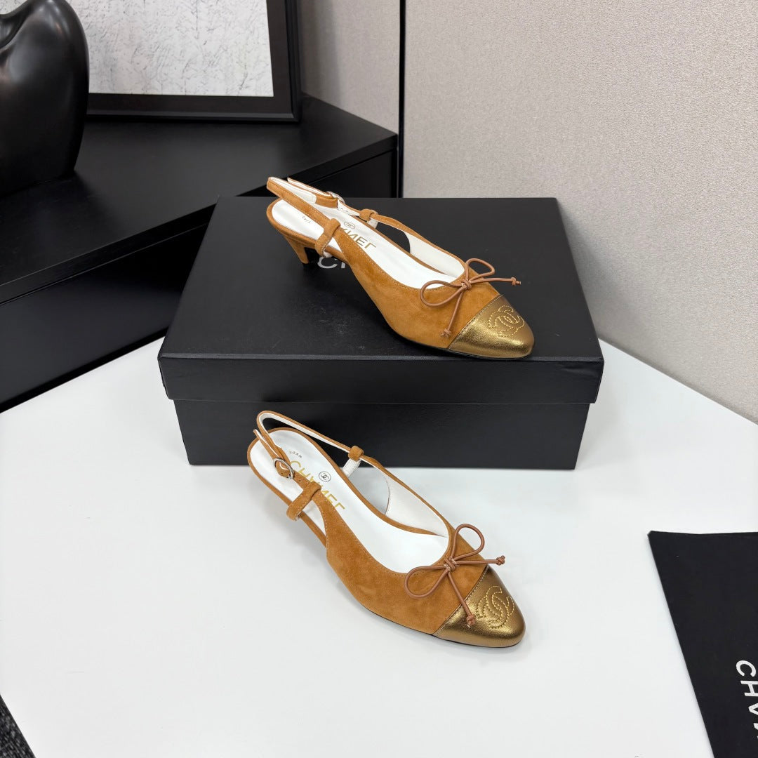 CC SLINGBACK 25S IN BURNT ORANGE SUEDE AND GOLDEN BROWN LAMBSKIN WITH BOW - 35