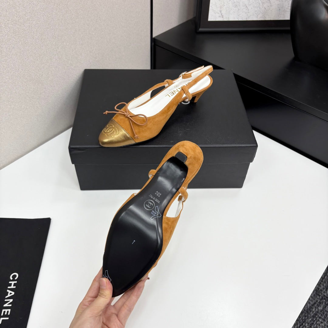 CC SLINGBACK 25S IN BURNT ORANGE SUEDE AND GOLDEN BROWN LAMBSKIN WITH BOW - 35
