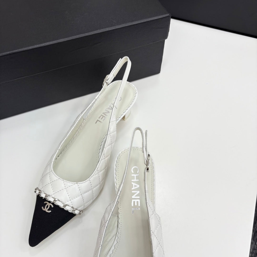 CC SLINGBACK 25S 30 MM IN WHITE LAMBSKIN MIX BLACK FABRIC - 35