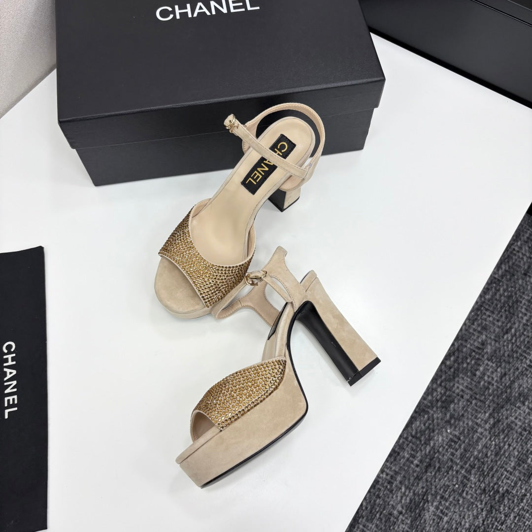 CC HEEL SANDAL 25S IN BEIGE SUEDE WITH CRYSTAL - 35