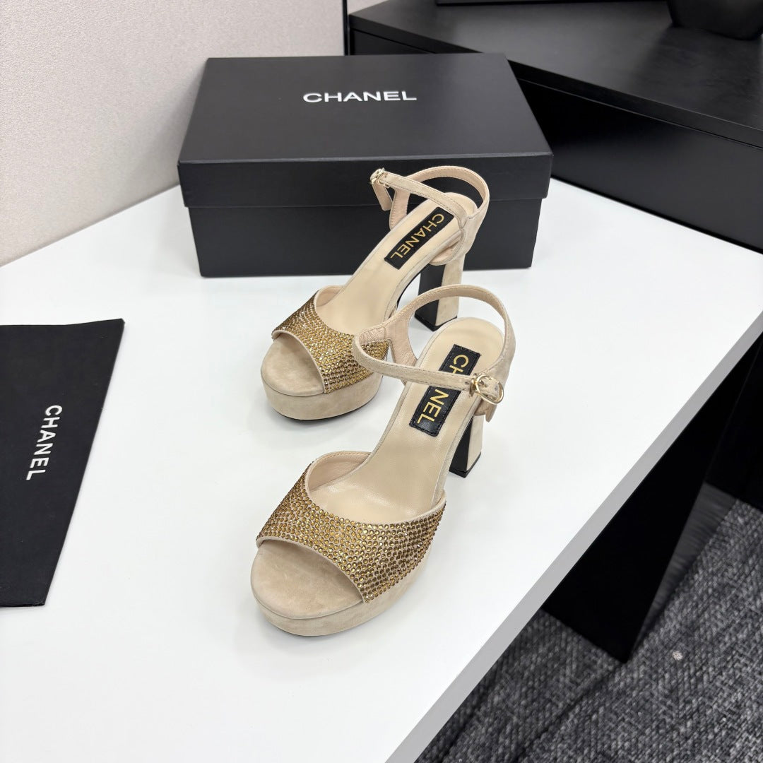 CC HEEL SANDAL 25S IN BEIGE SUEDE WITH CRYSTAL - 35