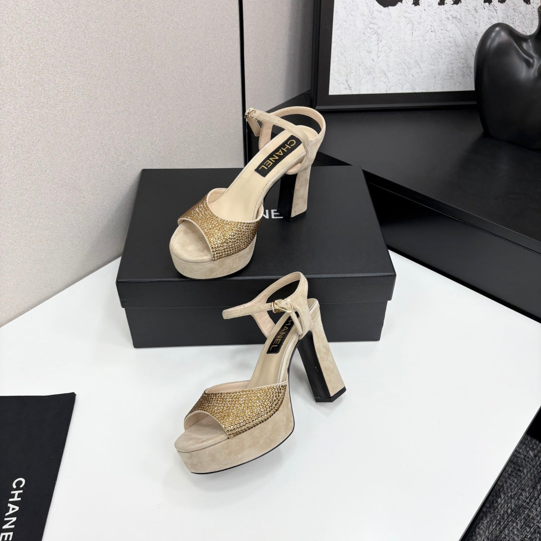 CC HEEL SANDAL 25S IN BEIGE SUEDE WITH CRYSTAL - 35