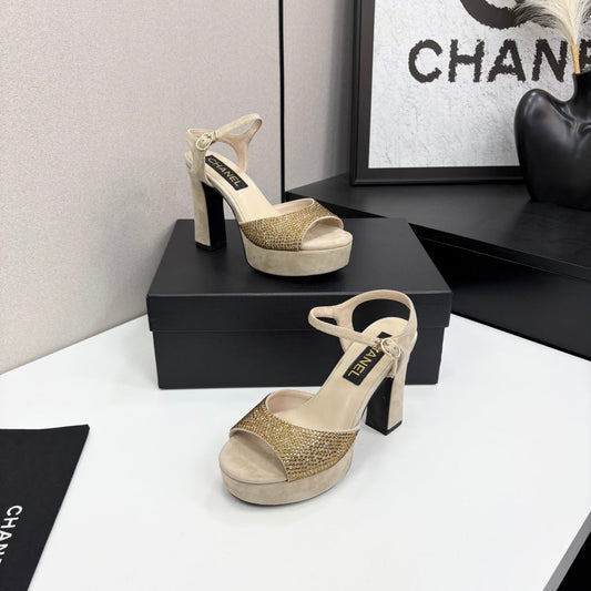 CC HEEL SANDAL 25S IN BEIGE SUEDE WITH CRYSTAL - 35
