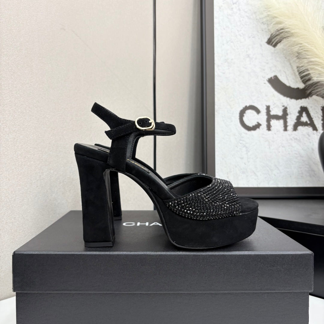 CC HEEL SANDAL 25S IN BLACK SUEDE WITH CRYSTAL - 35