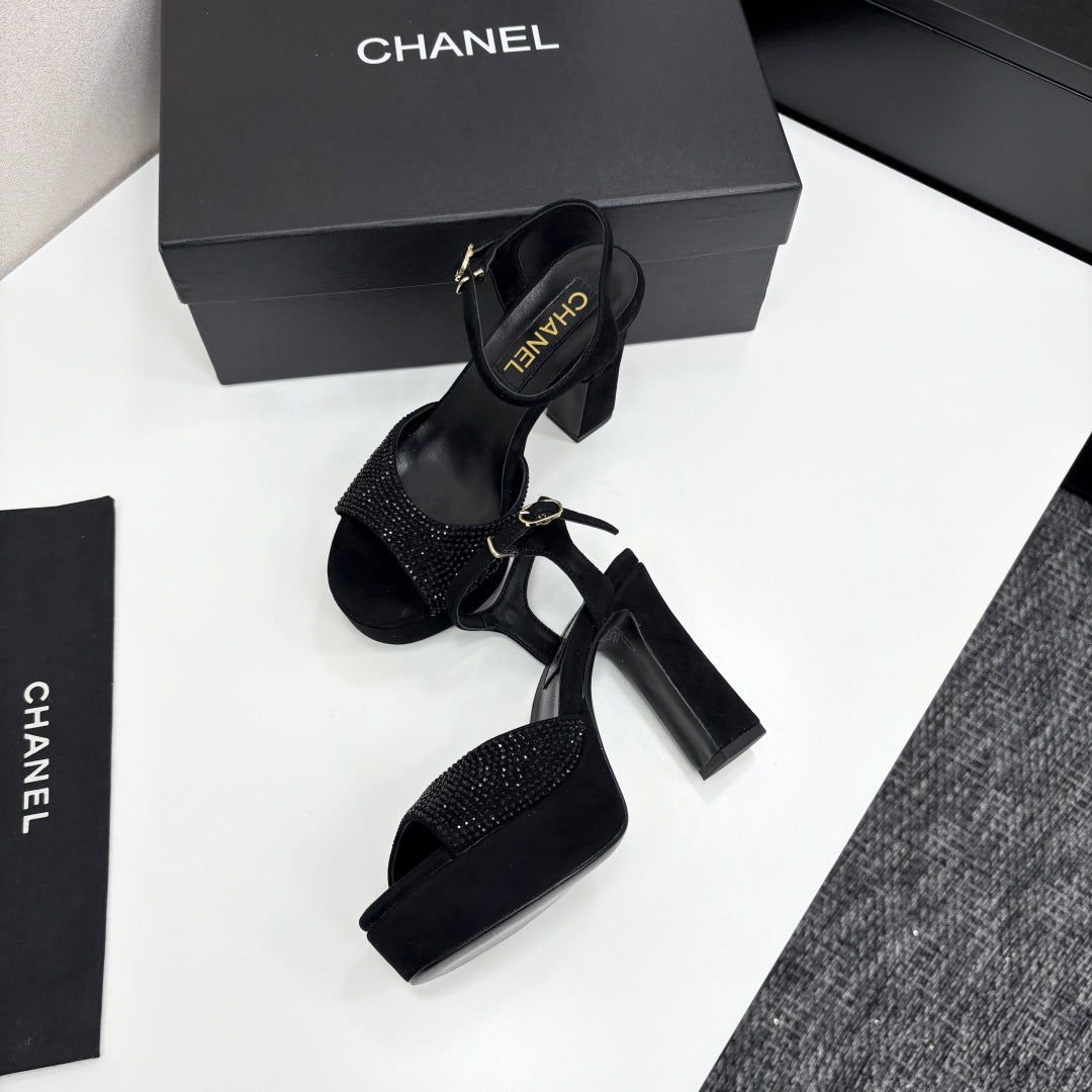 CC HEEL SANDAL 25S IN BLACK SUEDE WITH CRYSTAL - 35