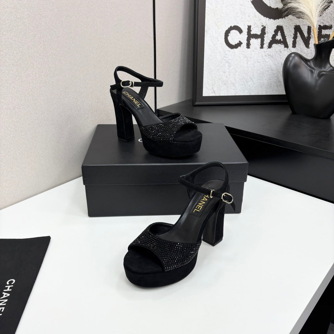 CC HEEL SANDAL 25S IN BLACK SUEDE WITH CRYSTAL - 35
