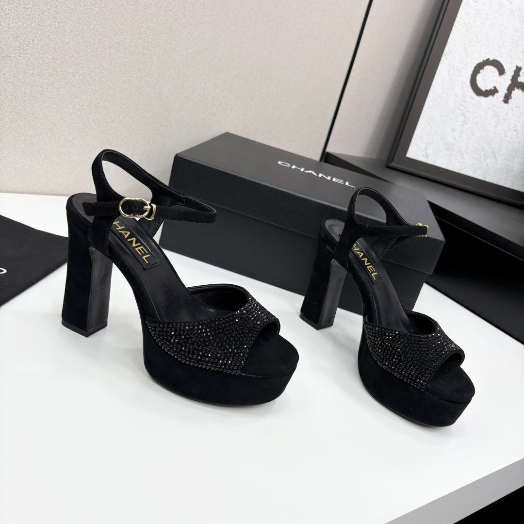 CC HEEL SANDAL 25S IN BLACK SUEDE WITH CRYSTAL - 35