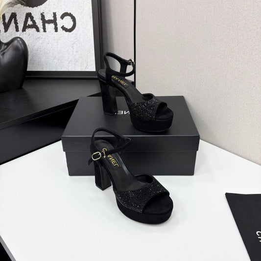 CC HEEL SANDAL 25S IN BLACK SUEDE WITH CRYSTAL - 35