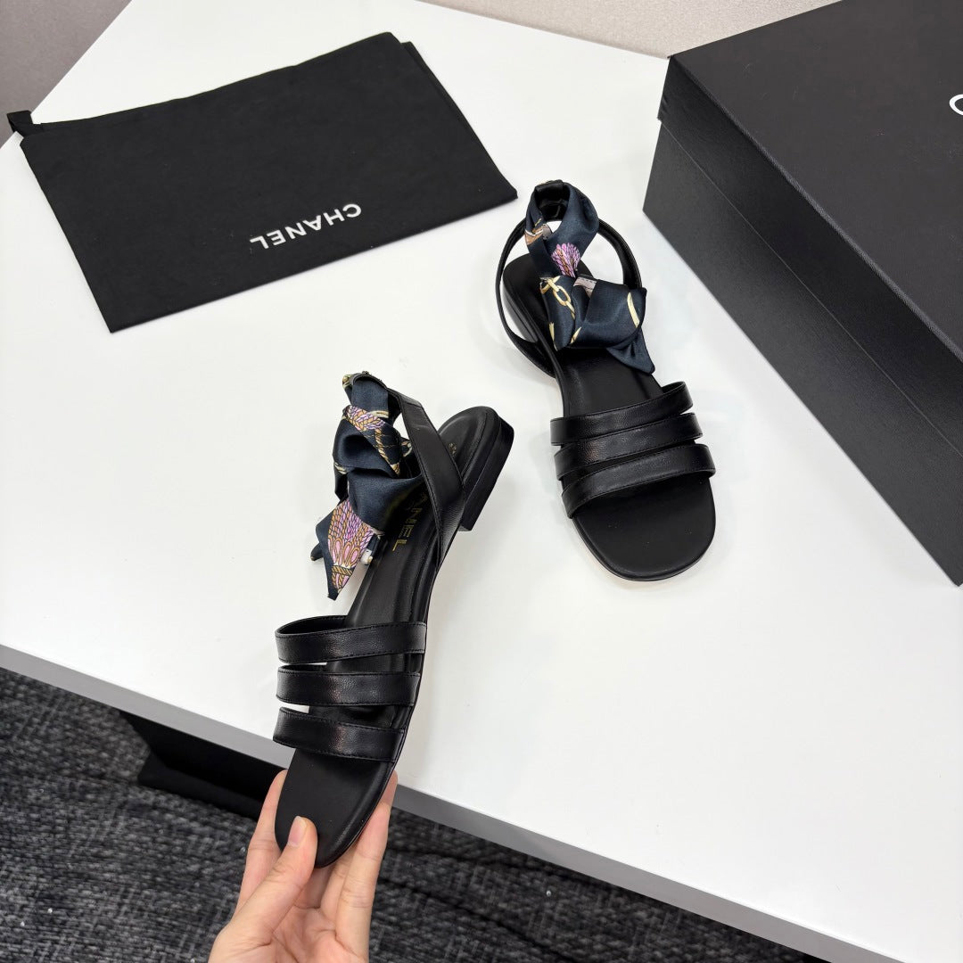 CC SANDAL 25S IN BLACK LAMBSKIN WITH SILK BOW - 35