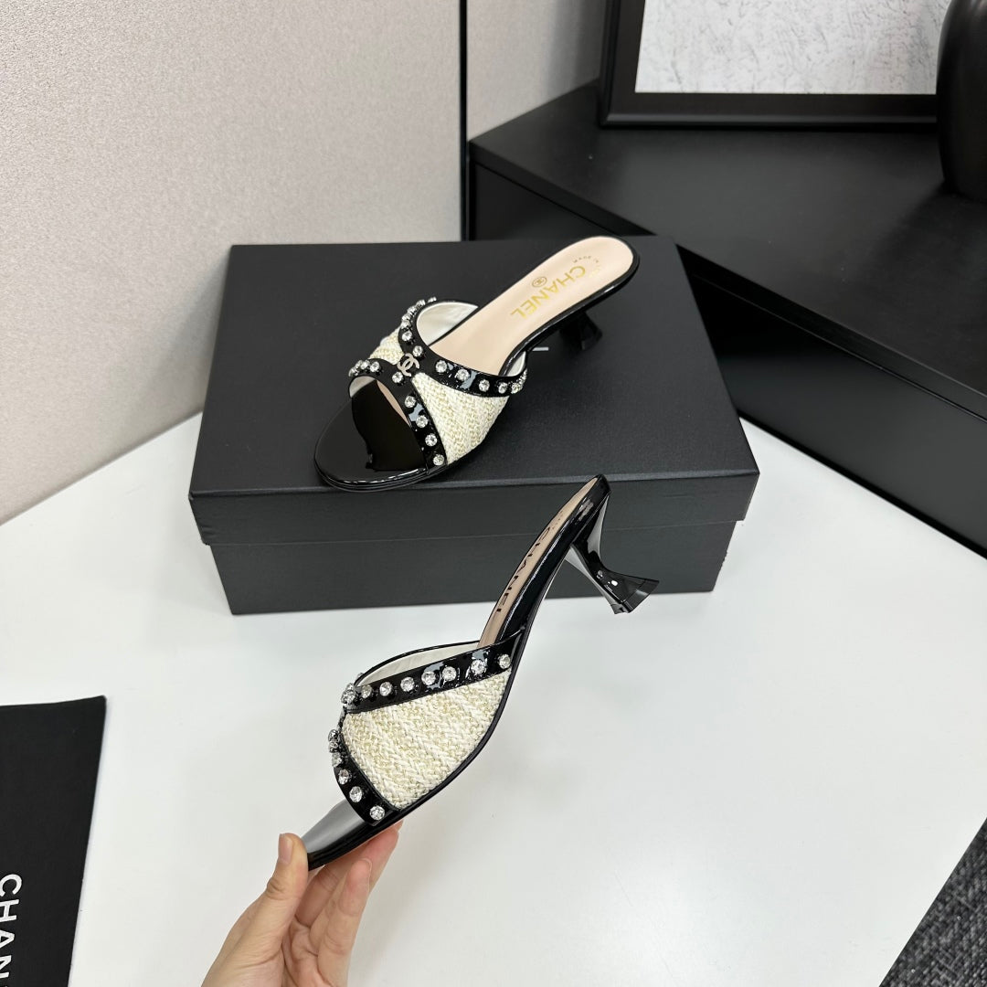 CC HIGH HEEL 25S 50 MM IN WHITE AND LIGHT BEIGE RAFFIA WITH CRYSTALS - 35
