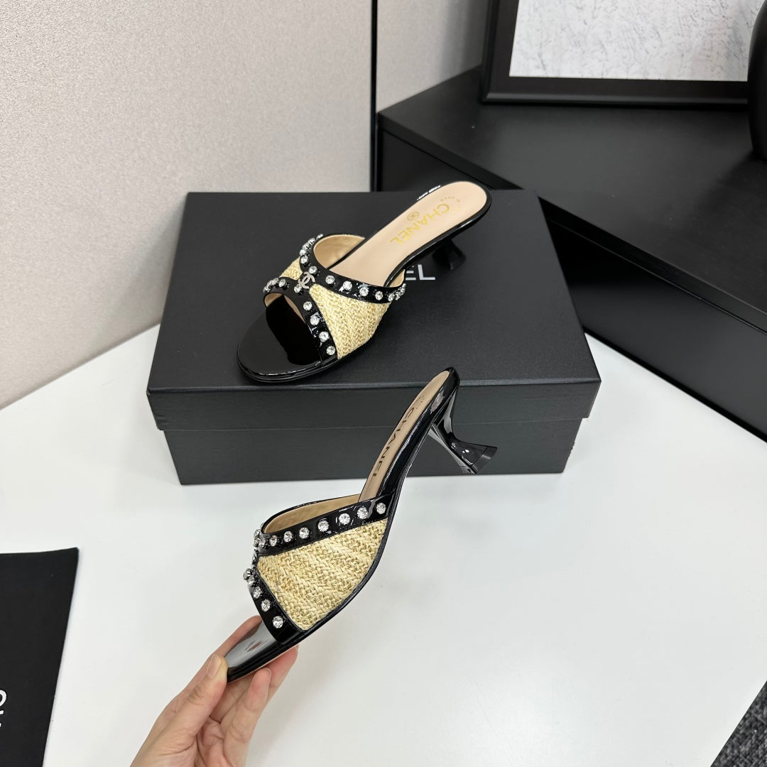 CC HIGH HEEL 25S 50 MM IN BEIGE RAFFIA AND BLACK CALFSKIN WITH CRYSTALS - 35