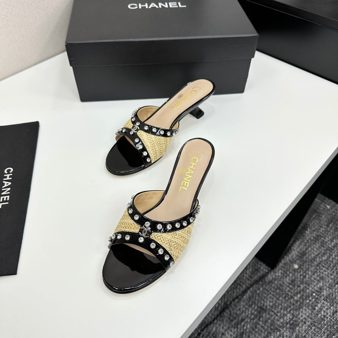 CC HIGH HEEL 25S 50 MM IN BEIGE RAFFIA AND BLACK CALFSKIN WITH CRYSTALS - 35