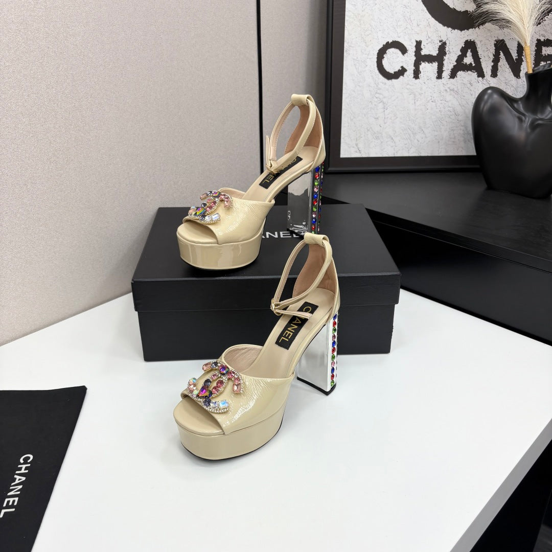 CC HIGH SANDAL 25S 110 MM IN LIGHT BEIGE CALFSKIN WITH MULTICOLOR STONES - 35
