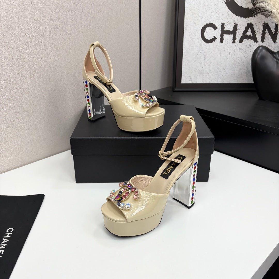 CC HIGH SANDAL 25S 110 MM IN LIGHT BEIGE CALFSKIN WITH MULTICOLOR STONES - 35