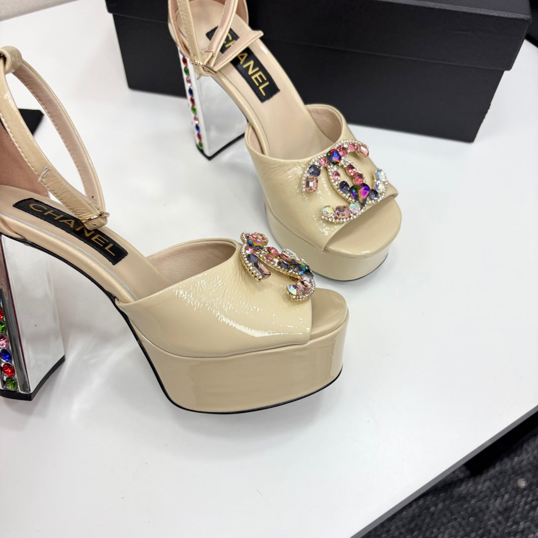 CC HIGH SANDAL 25S 110 MM IN LIGHT BEIGE CALFSKIN WITH MULTICOLOR STONES - 35