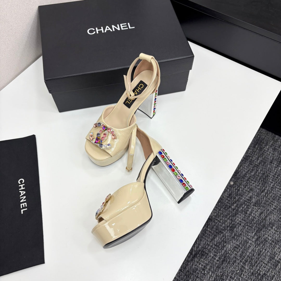 CC HIGH SANDAL 25S 110 MM IN LIGHT BEIGE CALFSKIN WITH MULTICOLOR STONES - 35