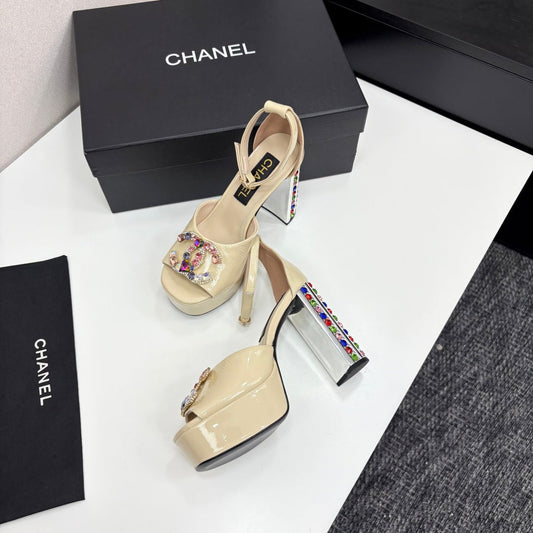 CC HIGH SANDAL 25S 110 MM IN LIGHT BEIGE CALFSKIN WITH MULTICOLOR STONES - 35