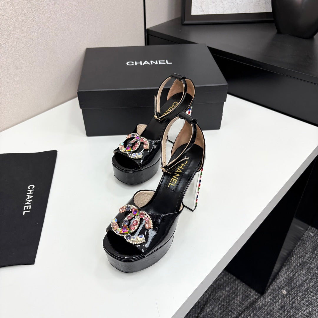 CC HIGH SANDAL 25S 110 MM IN BLACK CALFSKIN WITH MULTICOLOR STONES - 35
