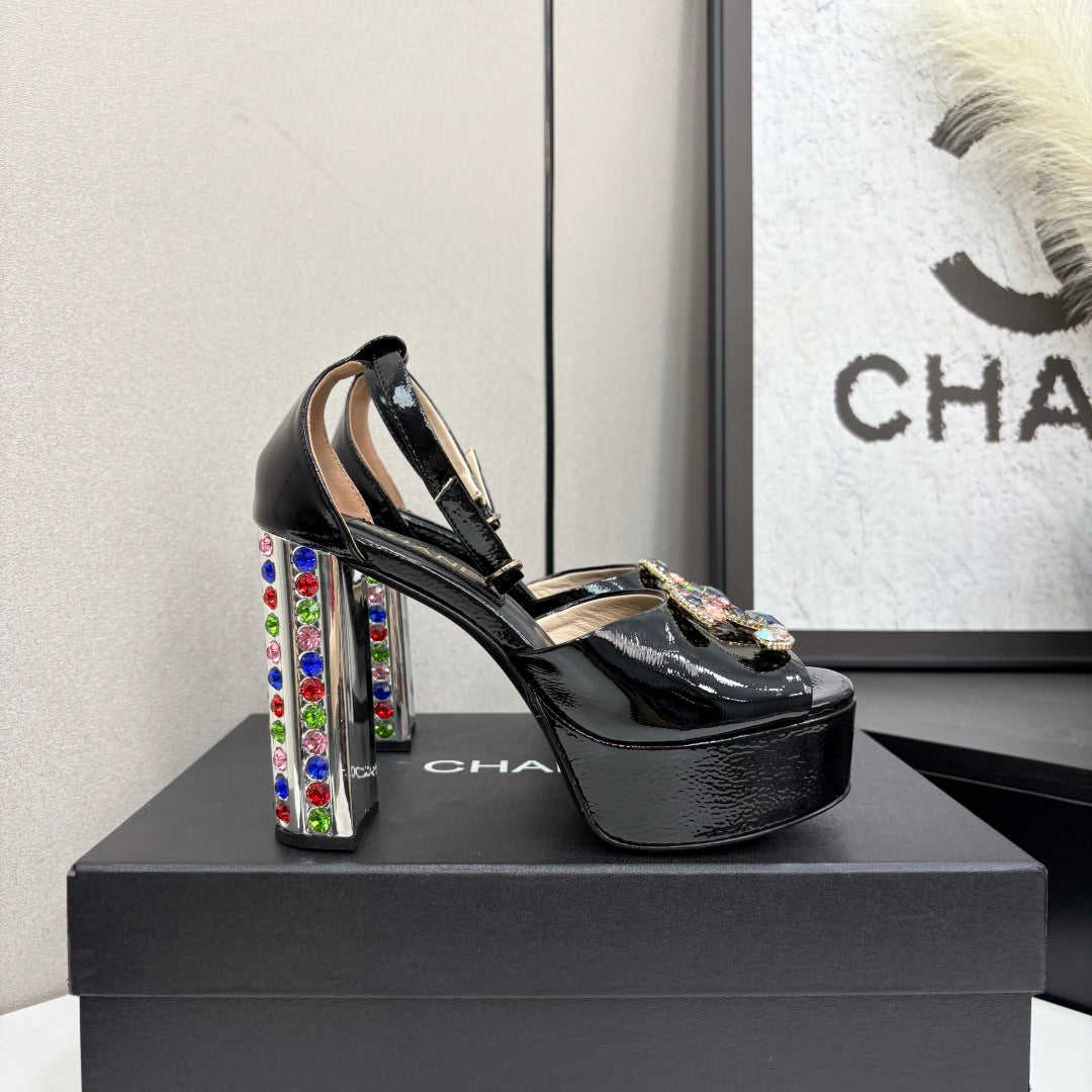 CC HIGH SANDAL 25S 110 MM IN BLACK CALFSKIN WITH MULTICOLOR STONES - 35
