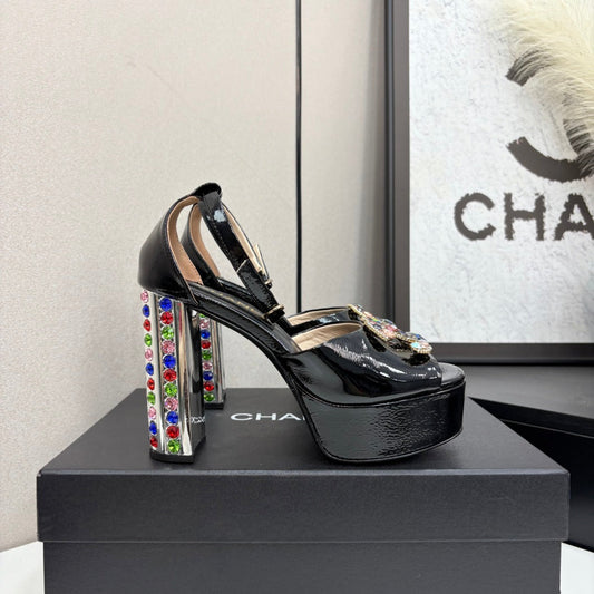 CC HIGH SANDAL 25S 110 MM IN BLACK CALFSKIN WITH MULTICOLOR STONES - 35