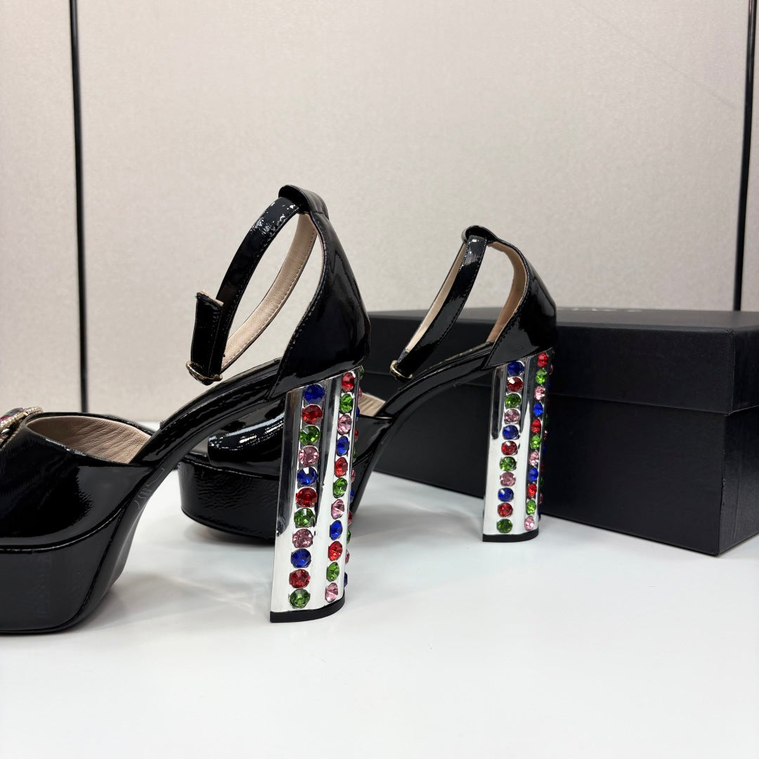 CC HIGH SANDAL 25S 110 MM IN BLACK CALFSKIN WITH MULTICOLOR STONES - 35