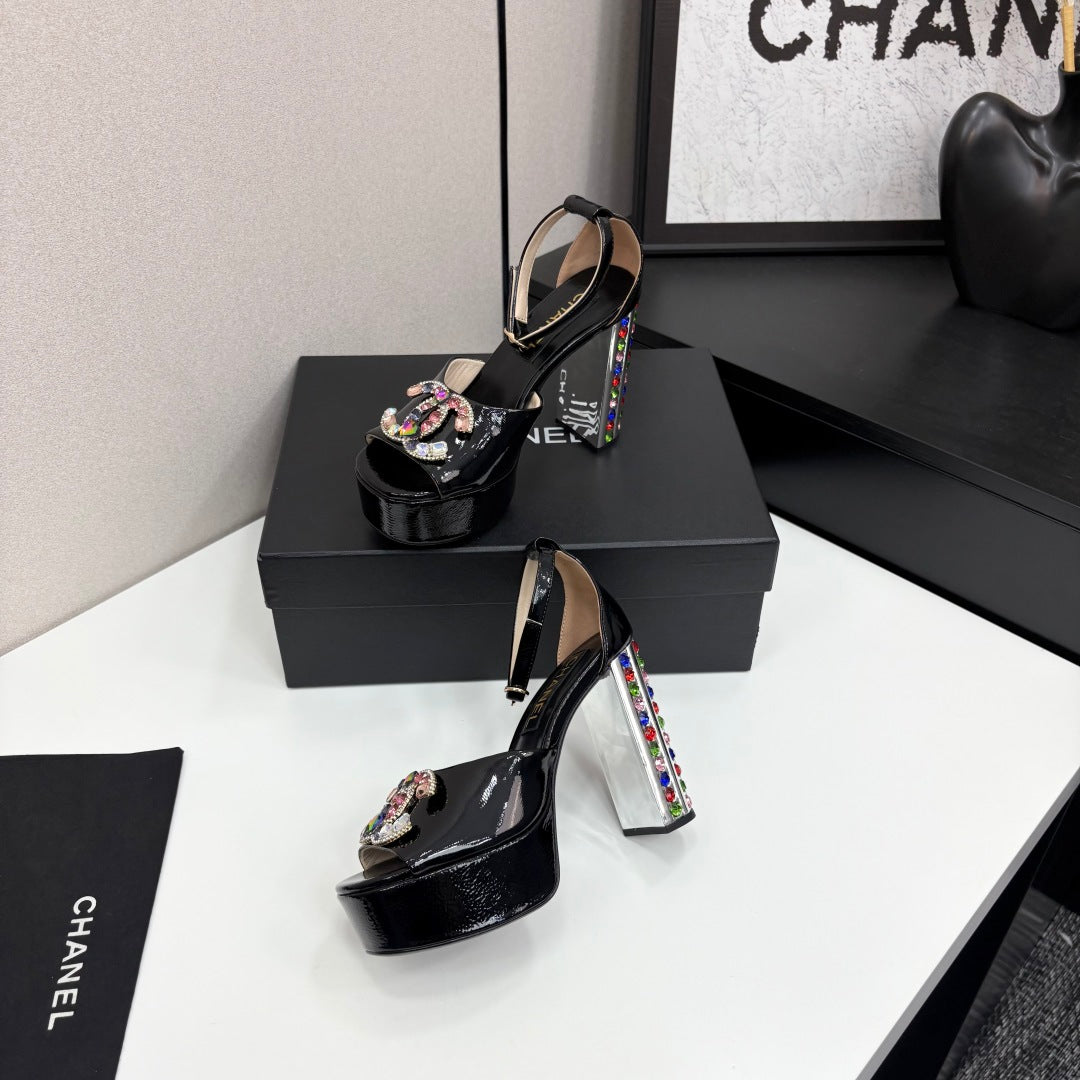 CC HIGH SANDAL 25S 110 MM IN BLACK CALFSKIN WITH MULTICOLOR STONES - 35