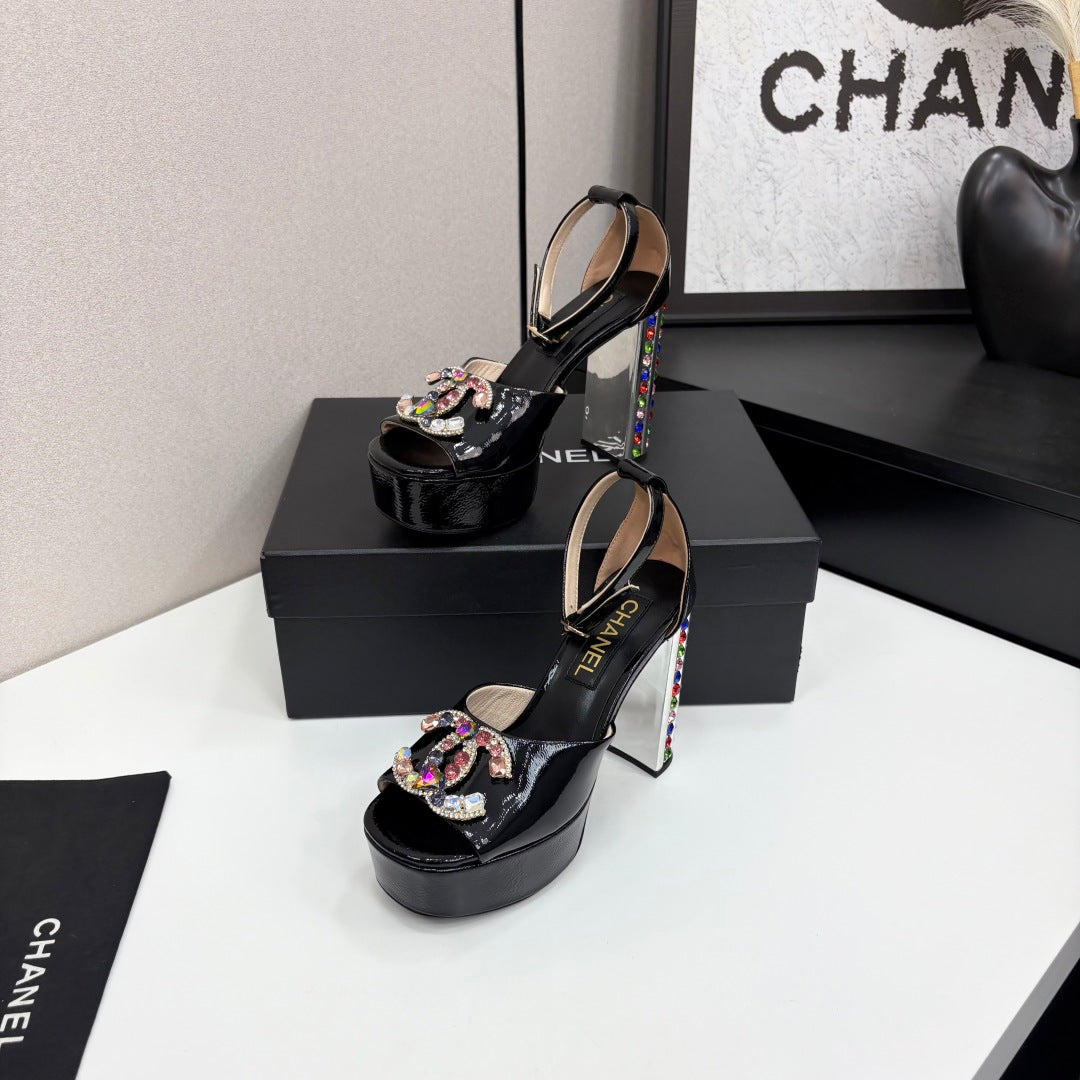 CC HIGH SANDAL 25S 110 MM IN BLACK CALFSKIN WITH MULTICOLOR STONES - 35