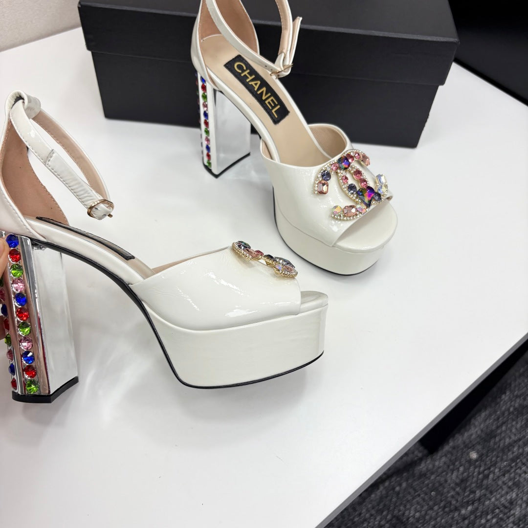 CC HIGH SANDAL 25S 110 MM IN CREAM WHITE CALFSKIN WITH MULTICOLOR STONES - 35